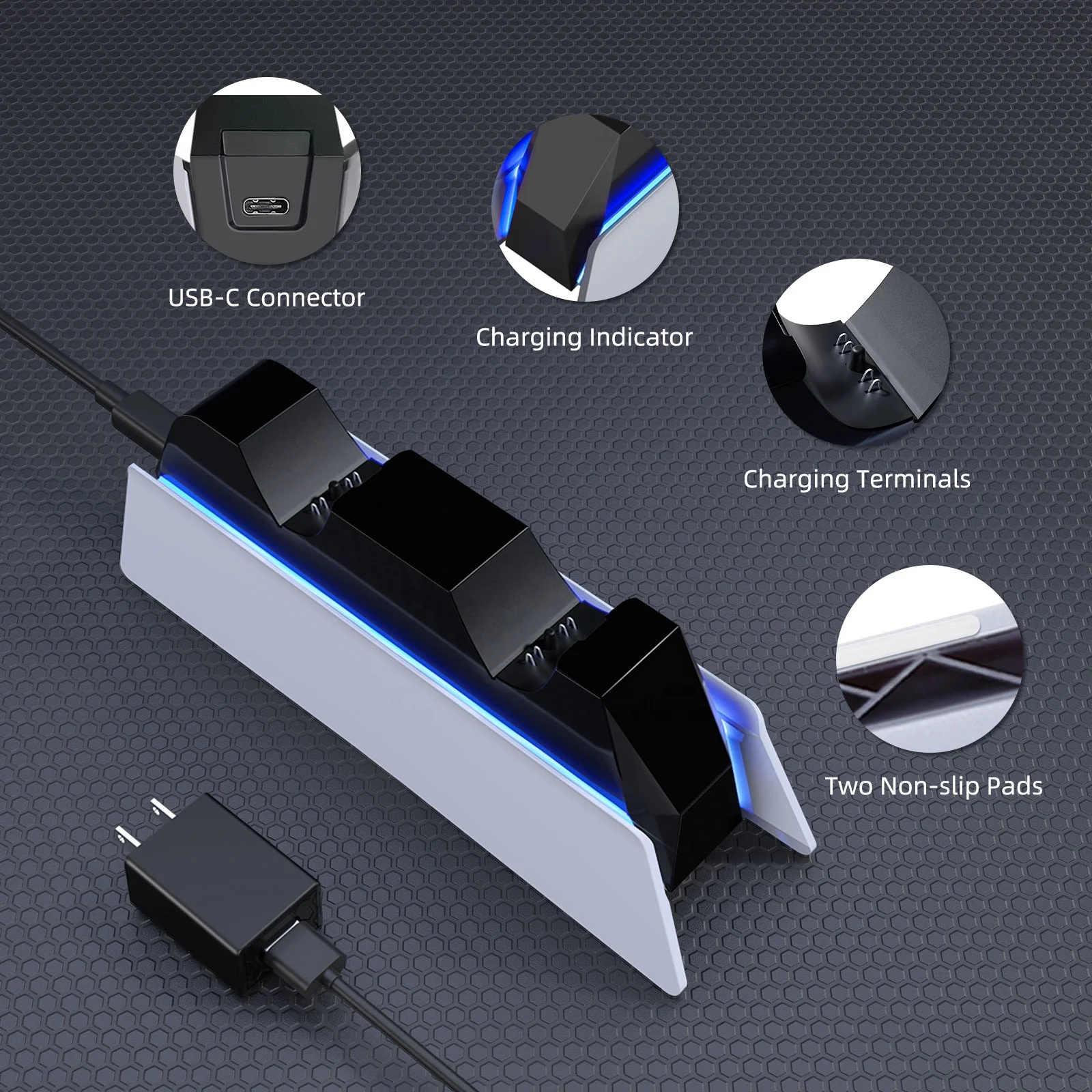 Afbptek Fast Charger Dock Edge Controller Charging Stand with Blue Light Bars for Playstation 5 Dualsense Controller