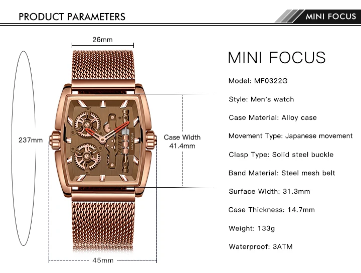 MINI FOCUS Mens Watches Top Brand Design Quartz Watch Wrist Men Stainless Steel Mesh Belt or Leather Strap 30m Waterproof