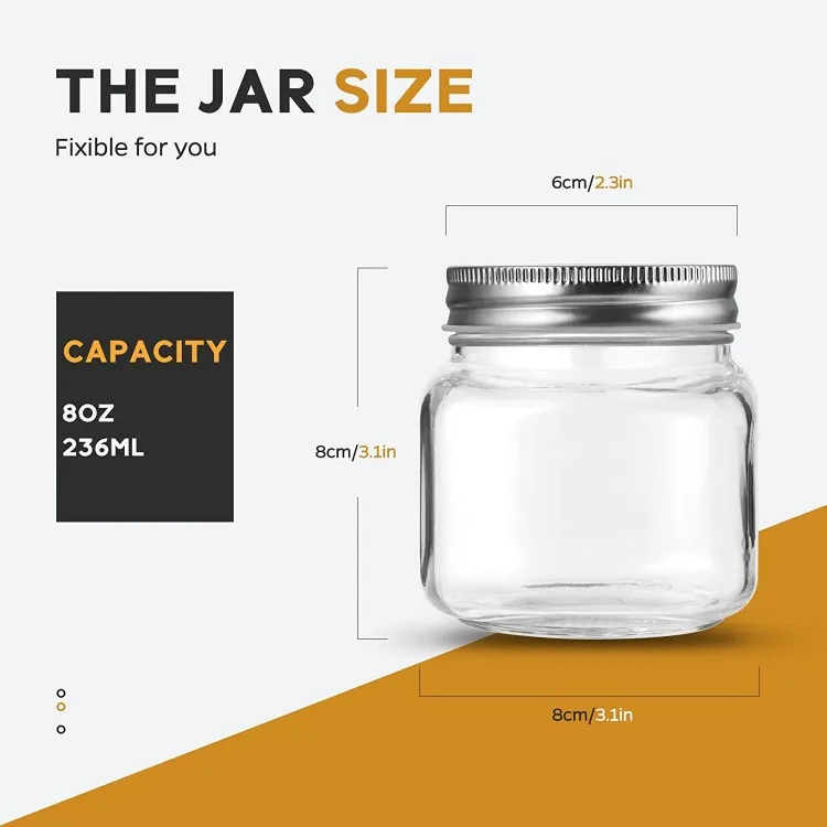 8oz Glass Jar Regular Gauge Mason Jar With Silver Metal Sealing Lid For