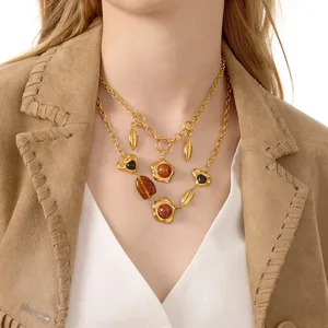 Vintage-style 18K Gold and Stainless Steel Necklace with a Red Agate Five-petaled Frangipani Leaf Pendant Chain.