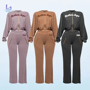 OEM Zip Hooded Crop Top Baggy Pants Set Huili Manufacturer's Women's Loungewear Ribbed Loose Fit Short Skinny Two-Piece Pajamas