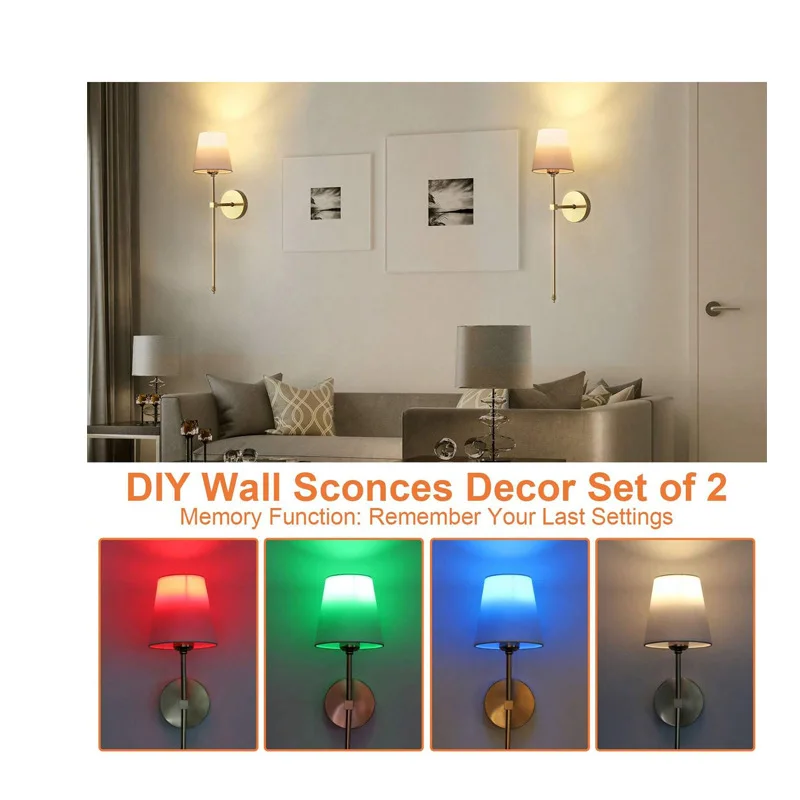 product living room indoor gold rgb dimmable wireless battery operated wall sconce with remote control set of 2 rechargeable wall lights-43