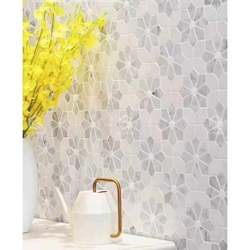 White Carrara Flower Pattern Waterjet Tile Marble Mosaic For Interior ...