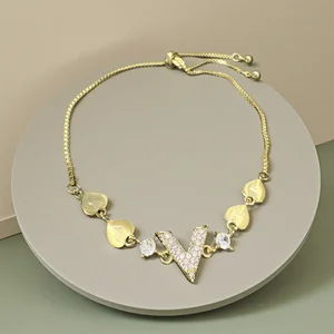 Personalized Initial V Bracelet for Women Gold Plated Copper with Zircon Heart Charm Square Chain Adjustable Dainty Jewelry Gift