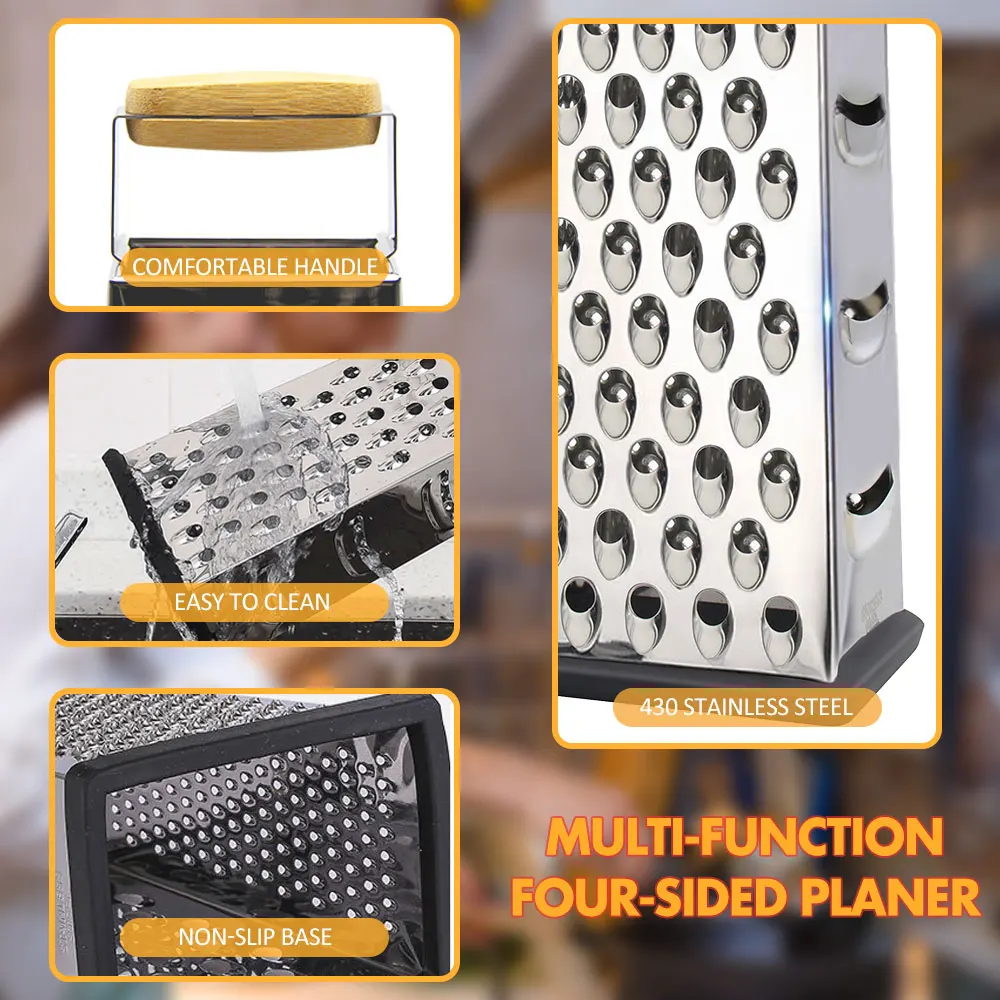 Professional Box Grater, 100% Stainless Steel with 4 Sides, Best