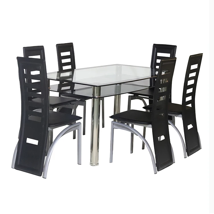 New Design Restaurant Dining Table Set 4 6 Seater Glass Silver Dining Table