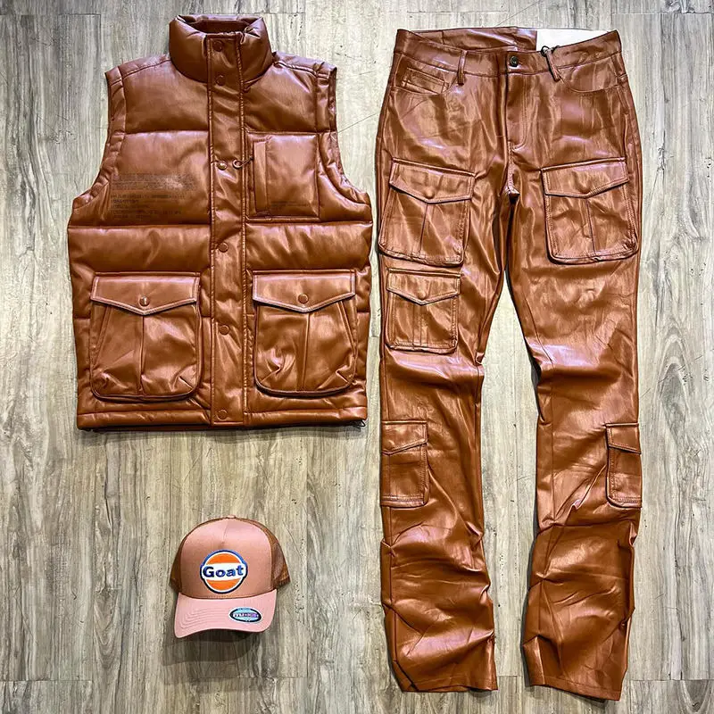 Salati Streetwear Custom Leather Outfit Embroidered Zip up Leather Shirt and Pu Stacked Flare Pants Sets Leather Track Suit Men