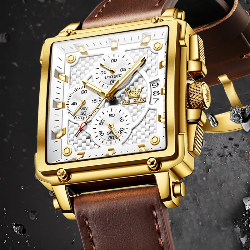 Olevs 9925 Luxury Men's Watch Gold Sport Square Design