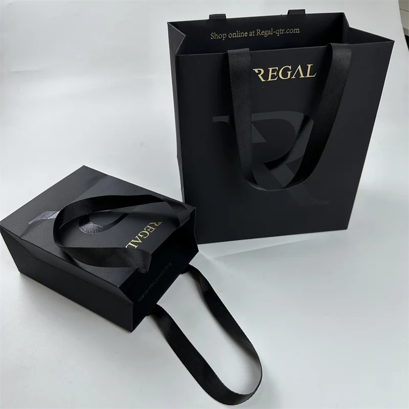 Luxury Brand Custom Made Matte Black Kraft Paper Bags Ribbon Handles Offset Printing for Garment Clothing Boutique Craft Use