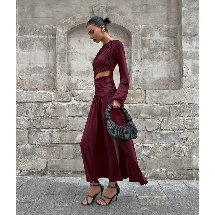 wine red winter dress wine red prom dress Wine Red Long Prom Dress with Notched Neckline Wine / 4