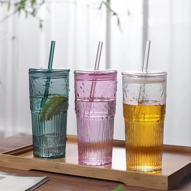 Big Capacity Pink Glass Cup Iridescent Glass Milk Tea Cup Iced Coffee Glass Tumbler With Straw