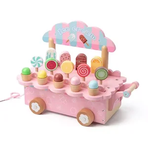 Unisex Ice Cream Cart Parent-child Role Play Interactive Gift Wooden Pretend Play Food Educational Toys for Kid Boys & Girls