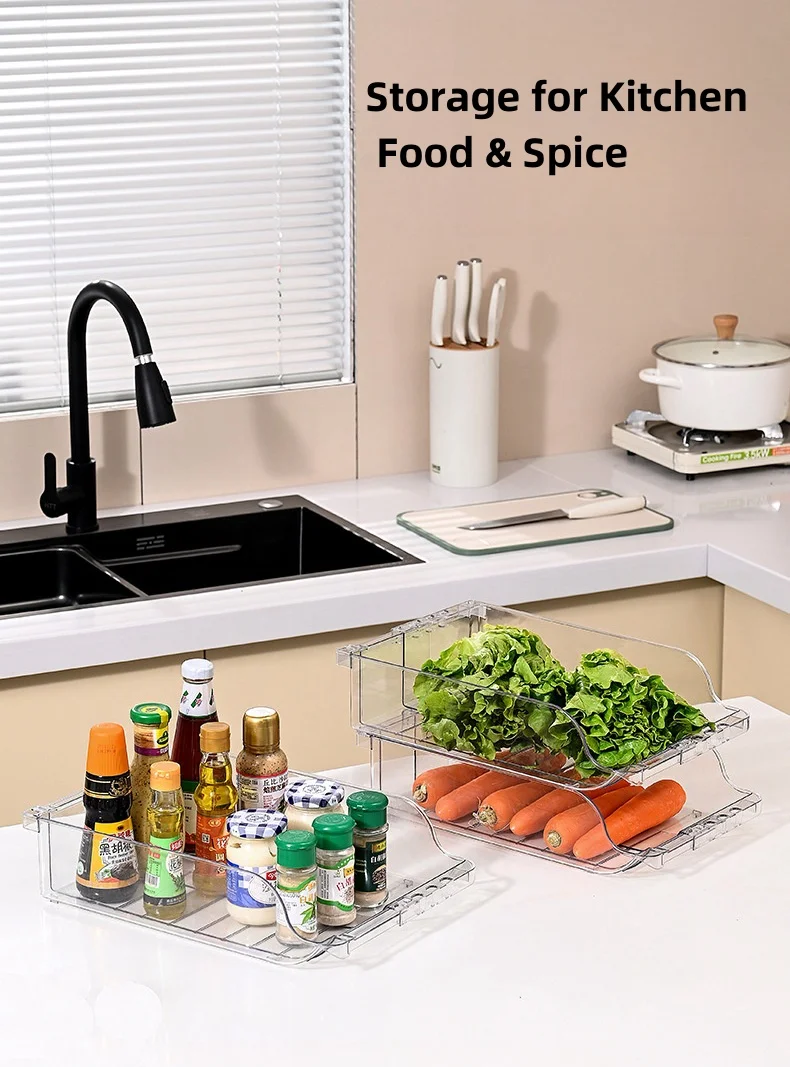 expandable refrigerator food storage box stackabletransparent plastic organizer with adjustable width for home organization-8