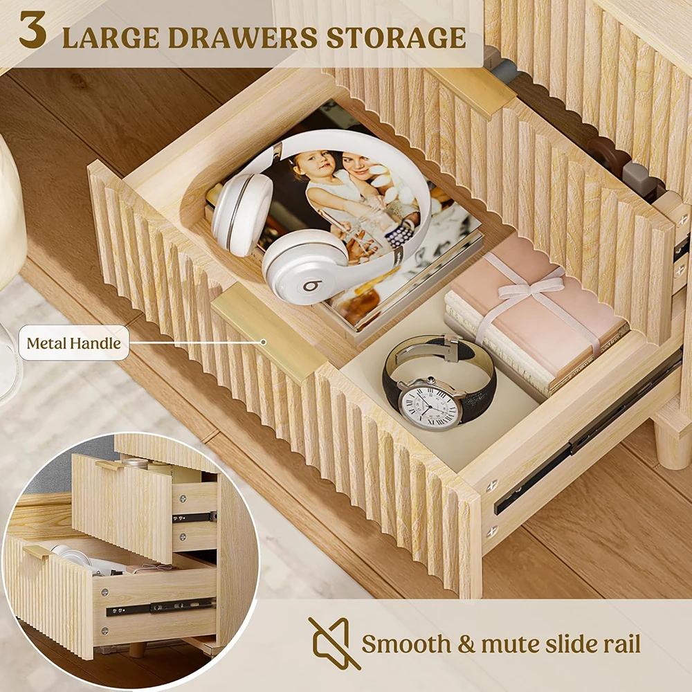 product nu deco wood 3 drawers dresser fluted night stand charging station storage modern side table bedside table bedroom entryway-3