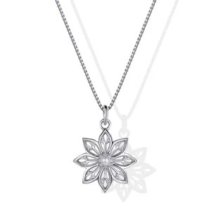 Original Design 9K White Gold Diamond Lotus Flower Pearl Pendant Women Necklace Destiny Jewellery