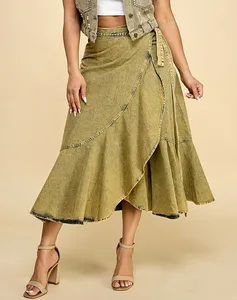 Women's High-waist Denim Skirt Gold Distressed Asymmetric Hem Belt Casual Style for Summer/Autumn French Dates/Art Exhibitions