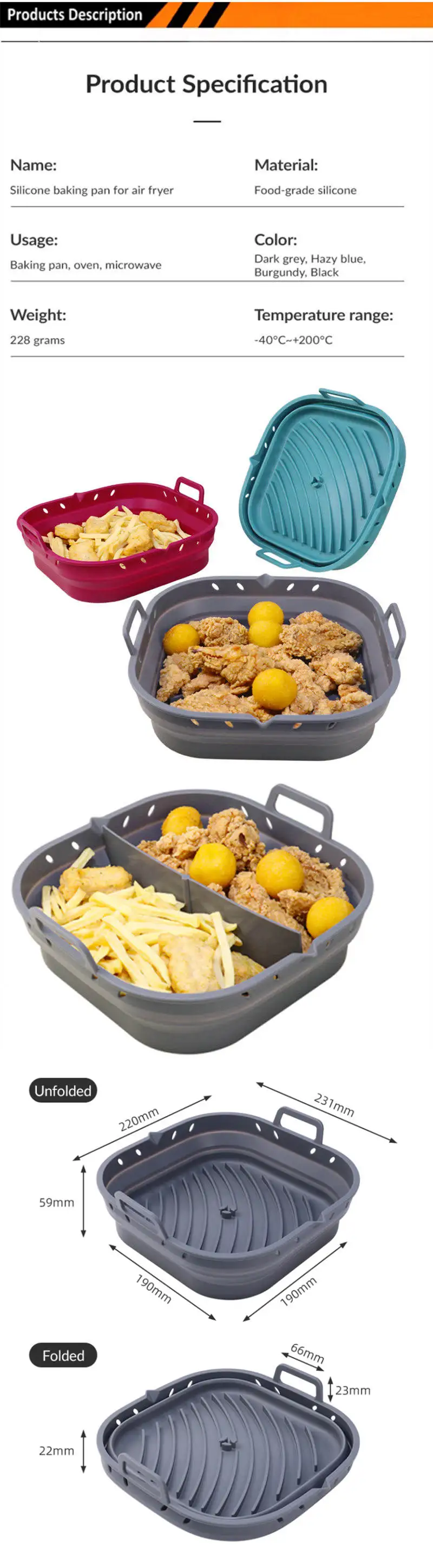 Collapsible Reusable Square Nonstick Silicone Air Fryer Baking Mold Tray Pan Mat Silicone Pots