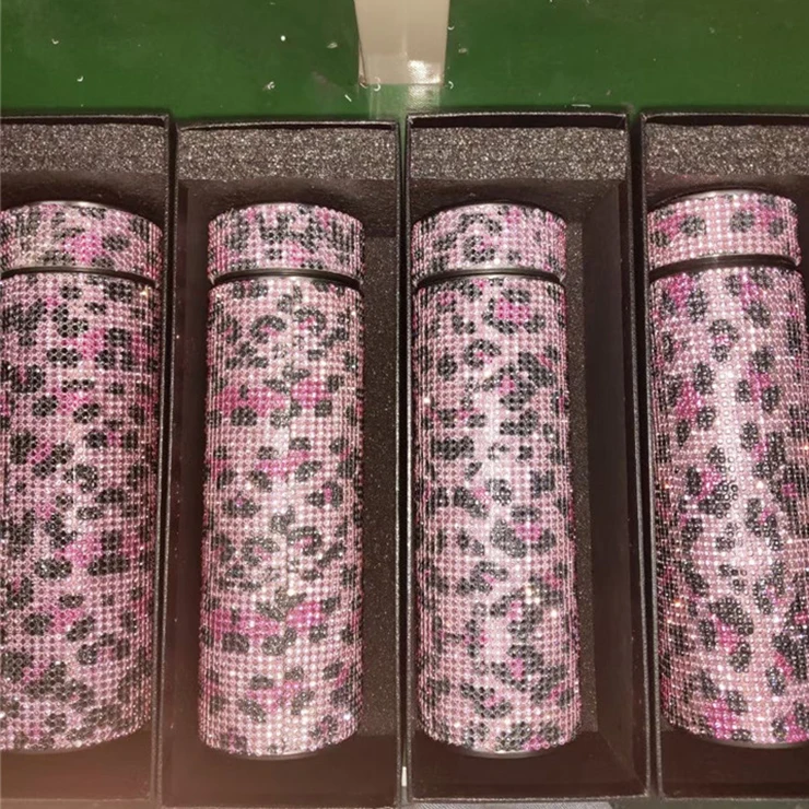 Stainless Steel Refillable Thermal Temperature Display Smart Led Insulated Bottle Bling Diamond Leopard Water Bottle