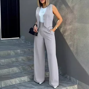Solid Crop Top Grey Suit and Waistcoat Set with  Pocket Vest and Wide Leg Pants Women's Two-Piece Sets