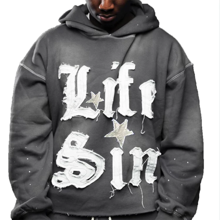 Distressed Vintage Washed Black Cropped Raw Hem Hoodie Streetwear Y2K 400 Gsm Embroidered Patch Letter Stone Wash Raw Hem Hoodie