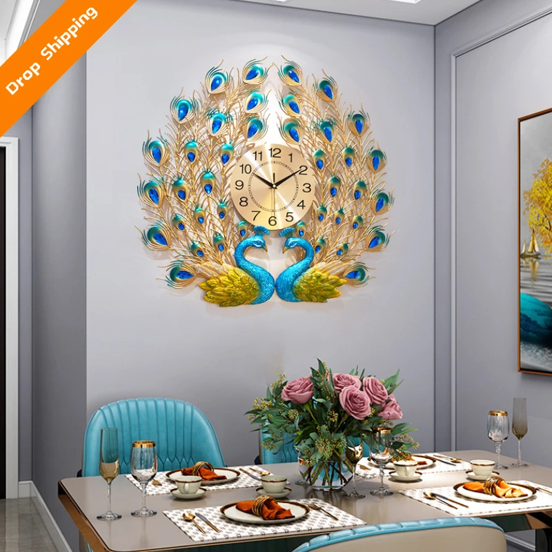 New Fashion Luxury Clock Decor Big 3D Antique Style Resin Peacock Fancy Gold Wall Clocks