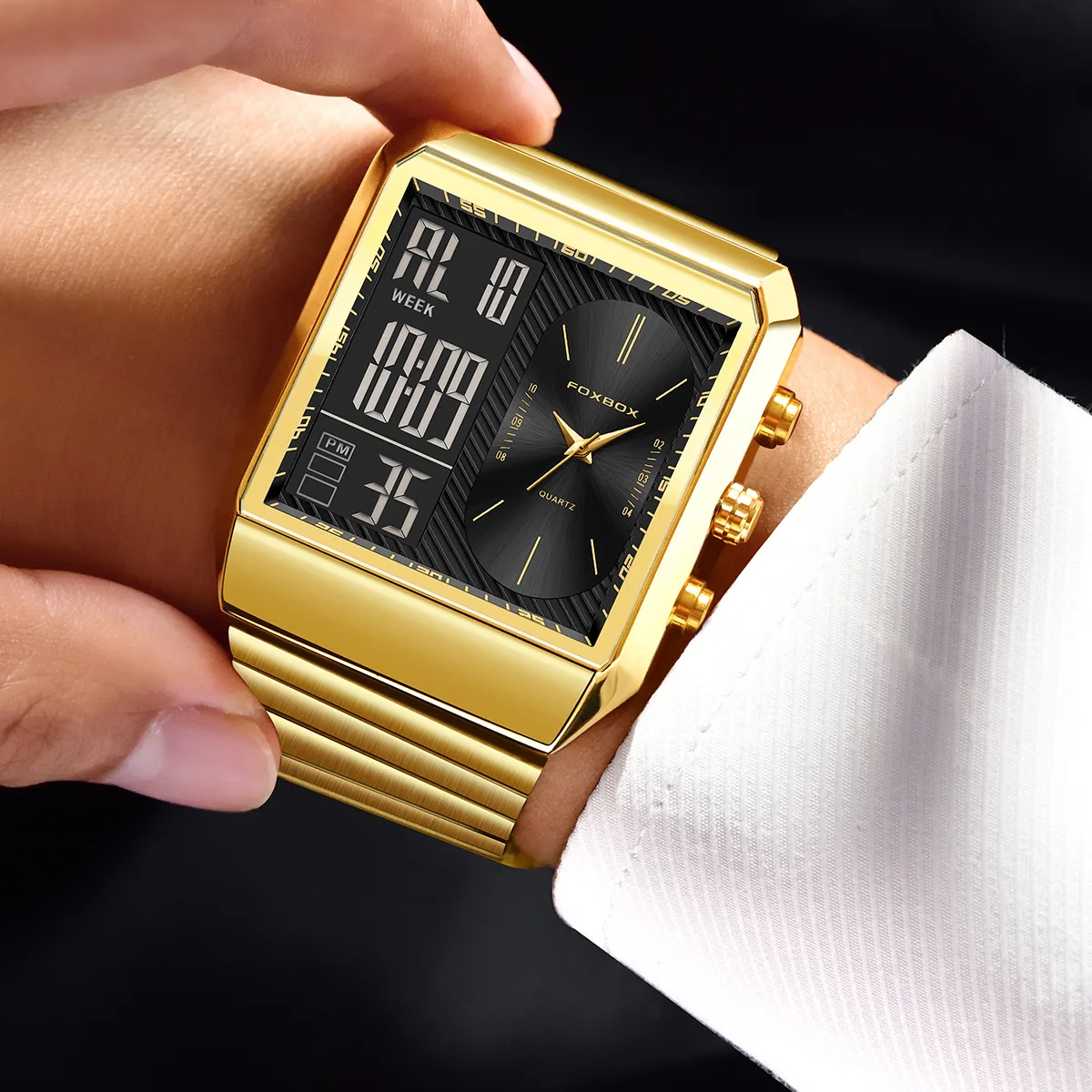 FOXBOX Luxury Gold Black Man Electronic Watch - Dual Display