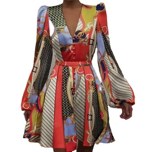 Women's Fashion Slim Fitting Puff Long Sleeves Dress Sexy V-neck Soft Satin Empire Waist Flared Hem Spring/Autumn Mini Dress