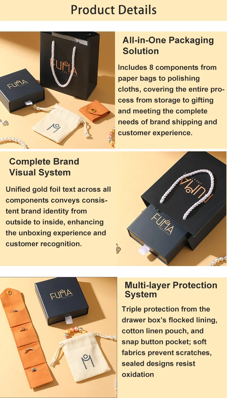 Luxury Jewelry Gift Box Set Custom Drawer Box Paper Cotton Bags Microfiber Buckle Closure Storing Earrings Necklaces Bracelets details