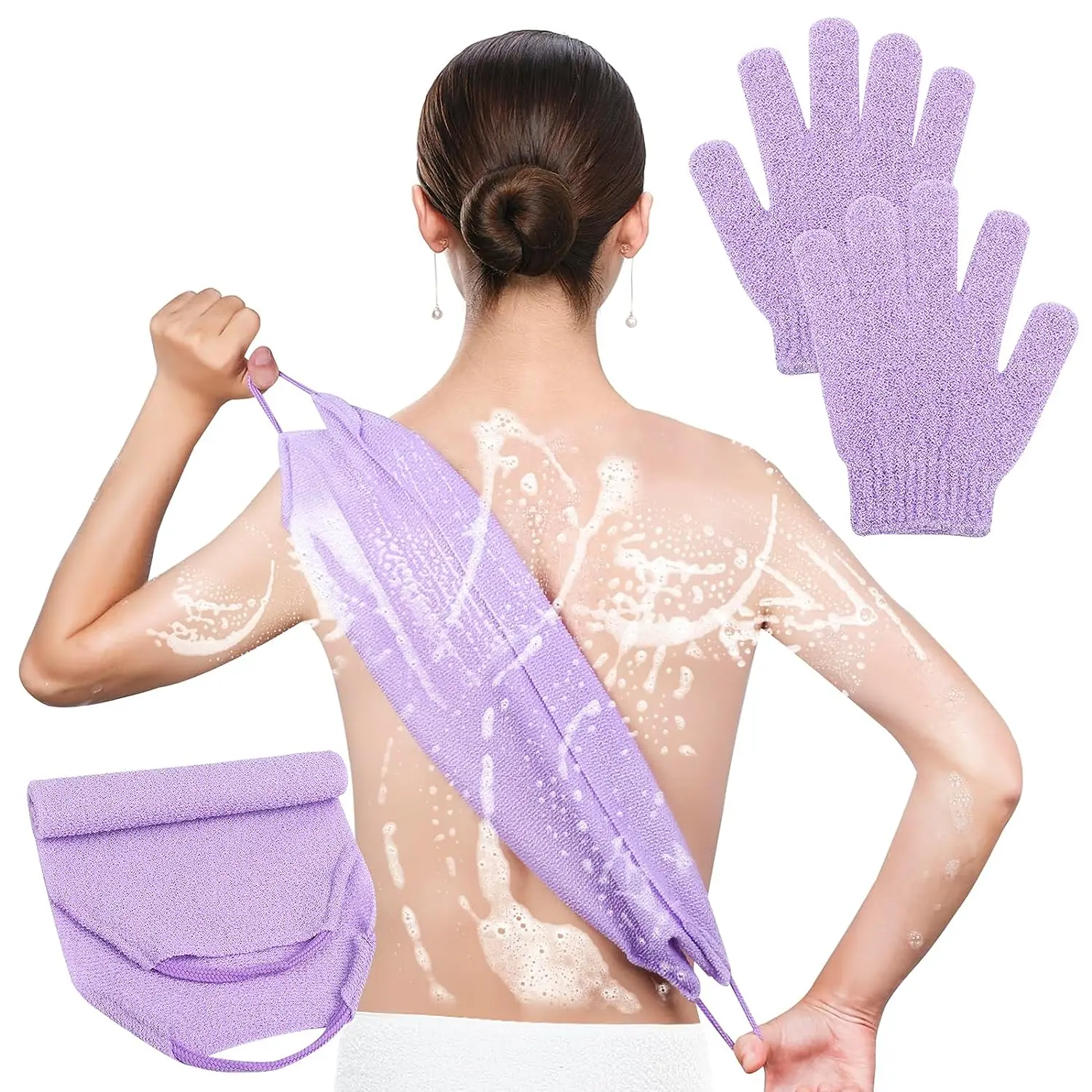 Exfoliating Shower Bath Gloves Back Scrubber Set for Body, Face, Shower,  Bath, Scrub and Exfoliator Great for Daily Use (Purple)