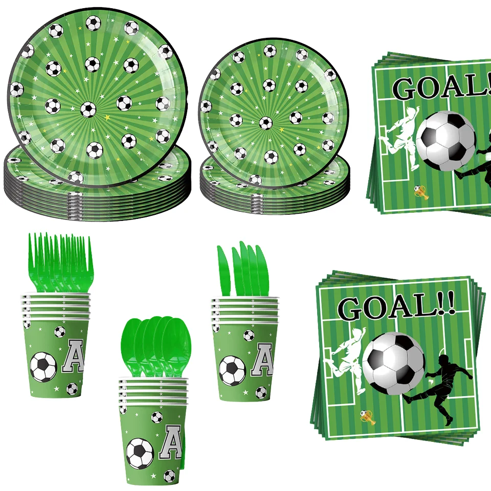 Modern Sports Theme Soccer New Year Party Decorations Disposable Eco-Friendly Paper Dinnerware Sets-7/9INCH Round Plates Napkins factory