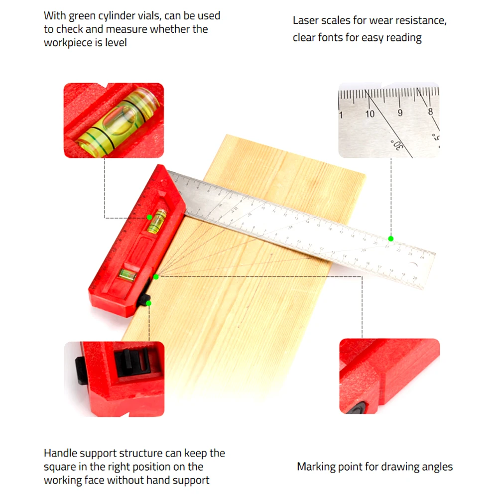 Plastic Handle Combination Square Ruler Stainless Steel Measuring Ruler With Bubble Level Vials