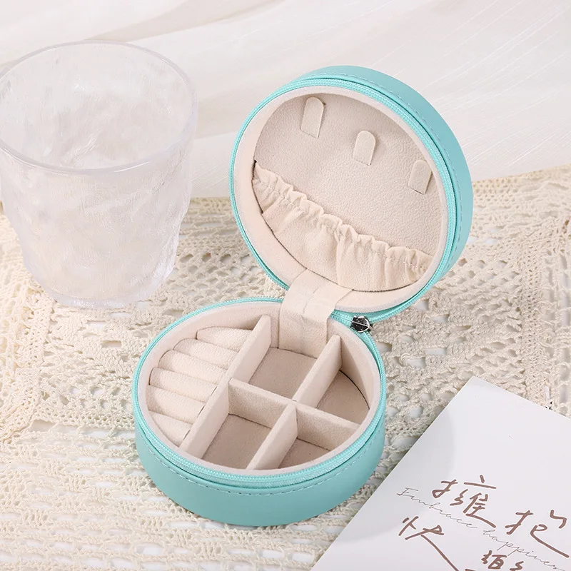 New round zipper jewelry box cross-border pu necklace earrings ring multifunctional storage box portable jewelry box factory