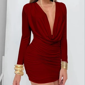 Clothing Manufacturer Sample Customization New Women's Fashion Deep V-neck Long-sleeved Slim-fit Body-hugging Ladies' Dress