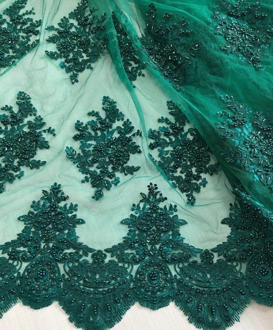 
Темно-зеленая кружевная ткань с бусинами и вышивкой вручную, жемчужные бусины, блестящая кружевная ткань для женщин 