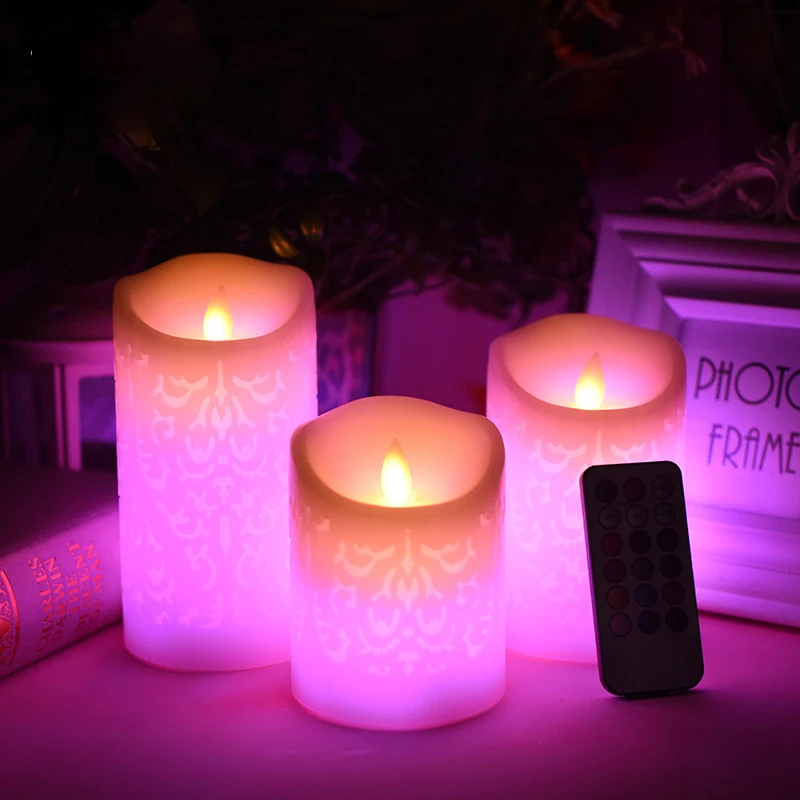 Set di 3 Candele LED Colorate Senza Fiamma con Timer e Telecomando, Luci Elettriche Tremolanti con Effetto Fiamma, Candele a Colonna in Cera Intagliata per Casa e Regali