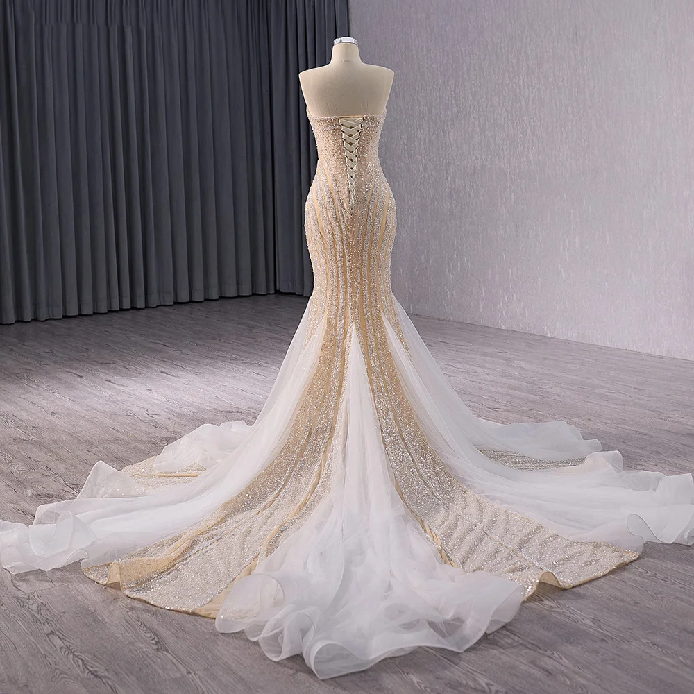 Luxury Sheer Glitter Rhinestone Mermaid Golden Bride Gown Diamond Wedding Dress Rsm241039 Luxury Sheer Glitter Rhinestone Mermaid Golden Bride Gown Diamond Wedding Dress Rsm241039