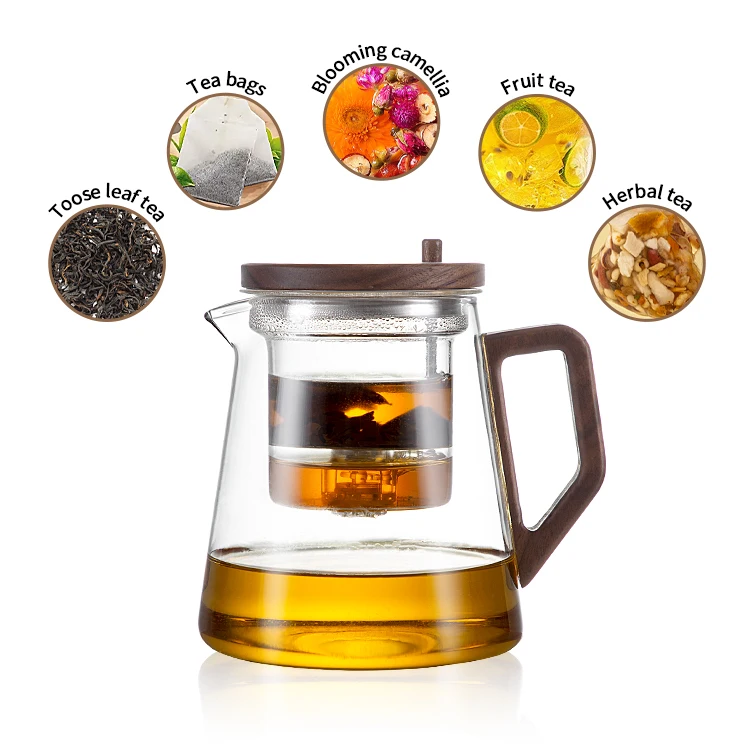 Tea Maker Pot Tea Pot Set  Wooden Lid Glass Tea Kettles Stovetop Borosilitate Glass Filter Teapot With Wooden Handle