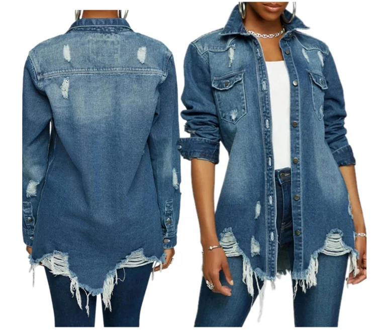 Winter And Autumn Turn-down Collar Long Sleeve Single Breasted Top Jacket  Blue Hole Denim Shirt Women Long Coats With Pockets - Buy Women Coats Winter  And Autumn,Women's Coat,Women Denim Jacket Product on