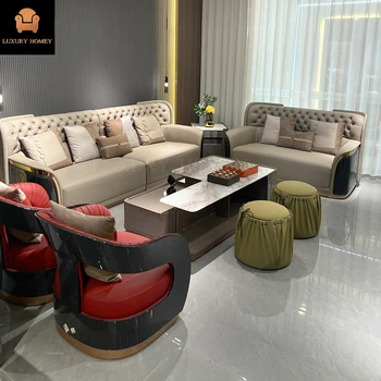 Luxury Homey Modern Leather Modular Multi-seat Sofa Set with Wood Legs Sponge Filled for Apartment Villa or Hotel Use