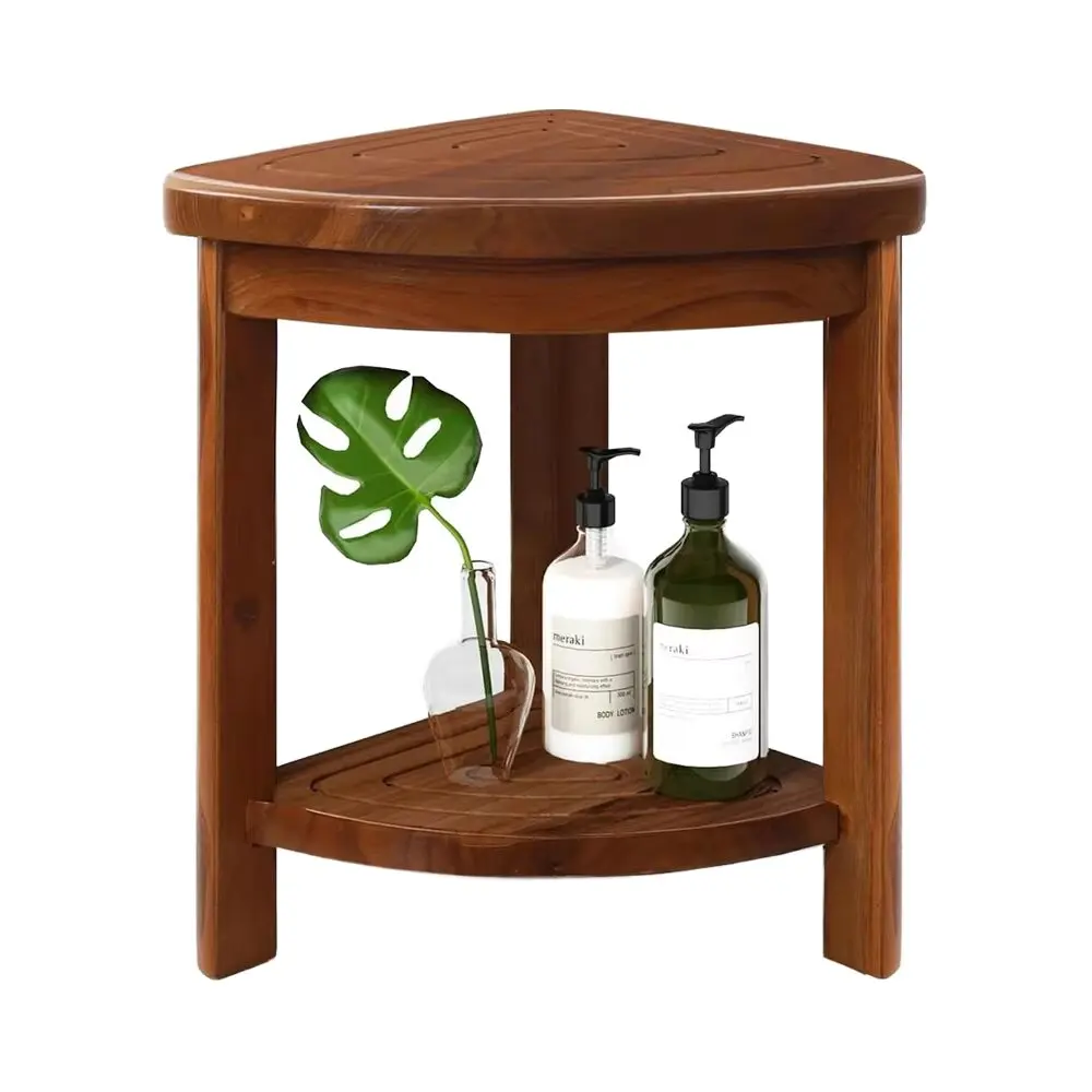 product solid teak shower stool modern design small corner bench footrest heavy duty wood bathseat easy assembly shaving legs-4