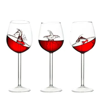 Factory wholesale hand blow new design dophin inside goblet for water and wine luxury wine glasses high borosilicate glass