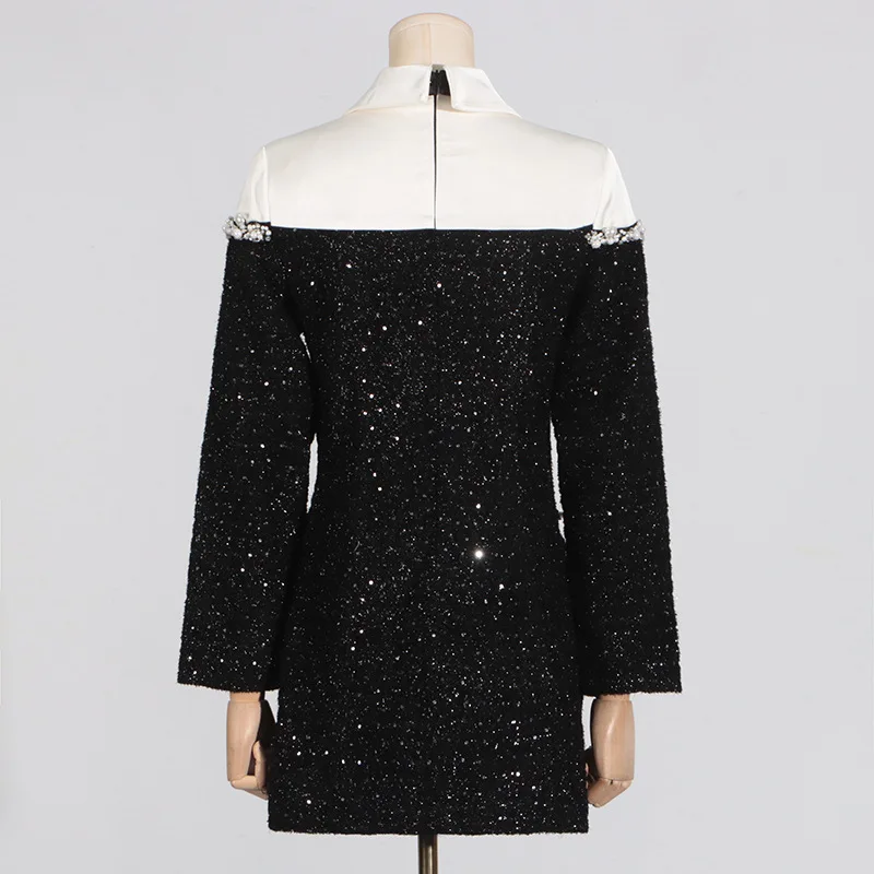 Quality Autumn Winter Beaded Diamonds Suit Coat Tweed Dress Women White Collar Shirt Top Black Long Sleeve Pencil Party Vestidos Quality Autumn Winter Beaded Diamonds Suit Coat Tweed Dress Women White Collar Shirt Top Black Long Sleeve Pencil Party Vestidos