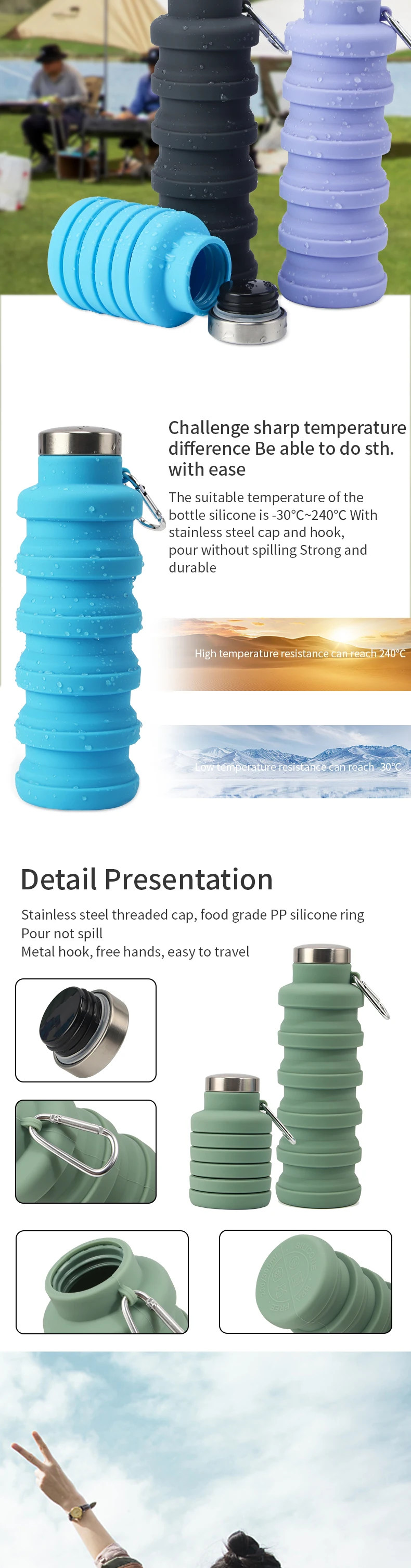 Reusable Bpa Free Silicone Foldable Water Bottles Travel Gym Leakproof ...