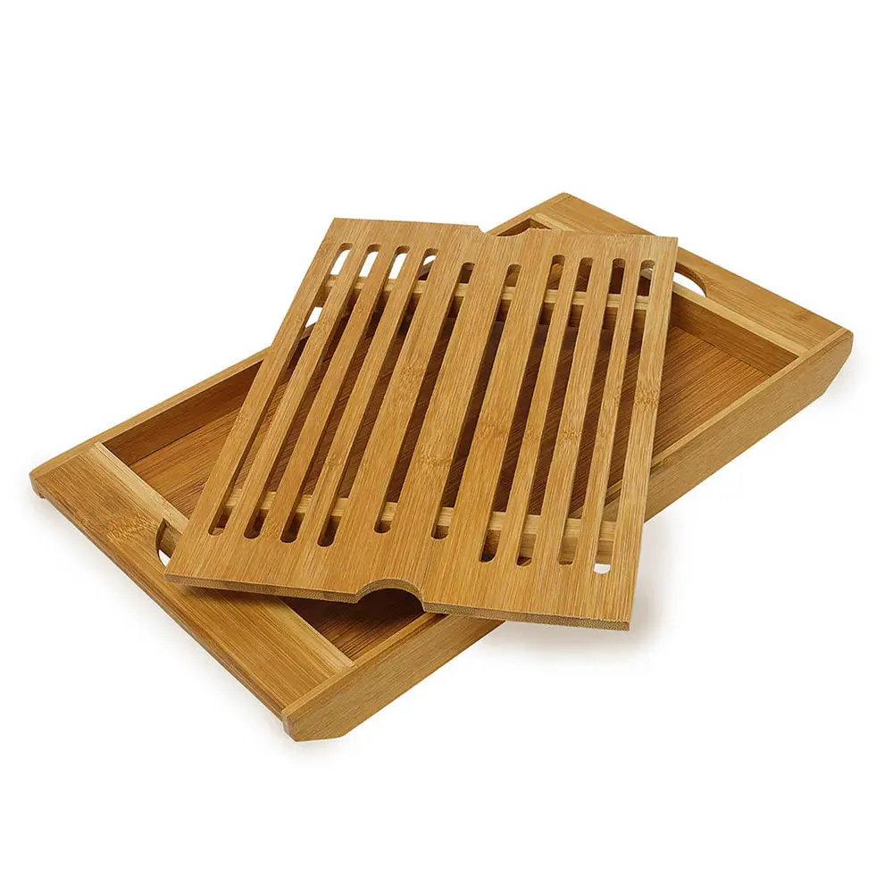 product custom bambookitchen bread cutting board with bread crumb collector tray chopping board tea tray with drip tray-2
