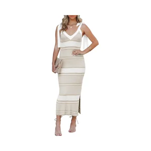 Women's Summer A-Line Midi Bodycon Sweater Dress Sexy V-Neck Tie Shoulder Striped Knit Side Slit Sleeveless Natural Simple