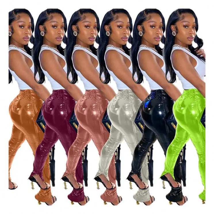 women fall clothing women’s trousers high waisted leggings pu leather pants with slit