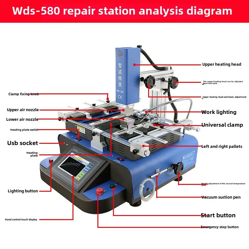 Wds-580 BGA Rework Station  with Temperature Curve Setting touch screen reballing welding  BGA chip LED light laptop cellphone