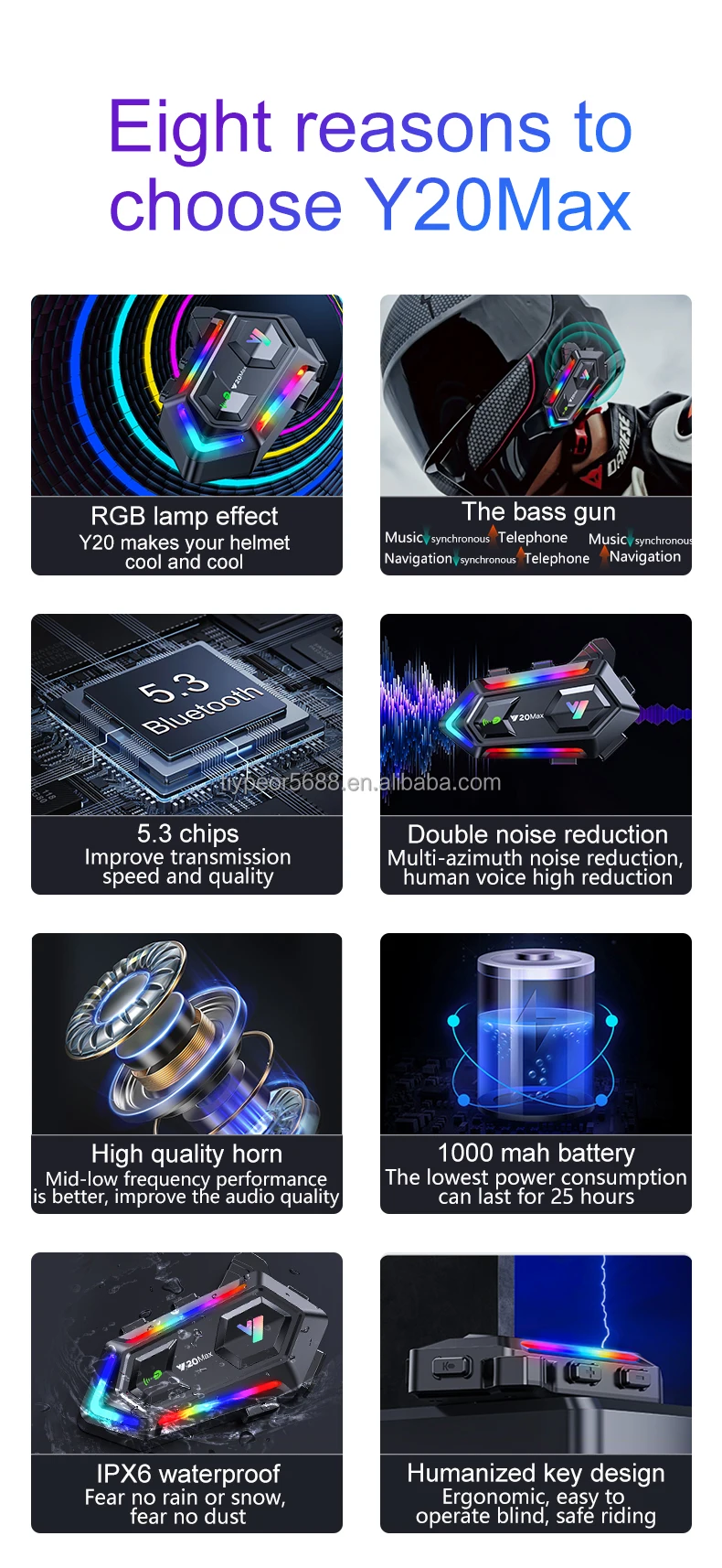 product tiypeor motorcycle helmet bt headset intercom ipx6 waterproof rgb colorful light with mixing v53 effect 1000mah battery-2