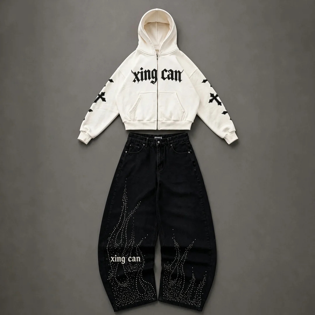 Velkoobchodní vintageový streetwearový sportovní dvoudílný komplet z 100 % bavlny, těžký, ekologicky šetrný, dýchavý, v rozšířených velikostech – hoodík a kalhoty s širokým nohavicemi