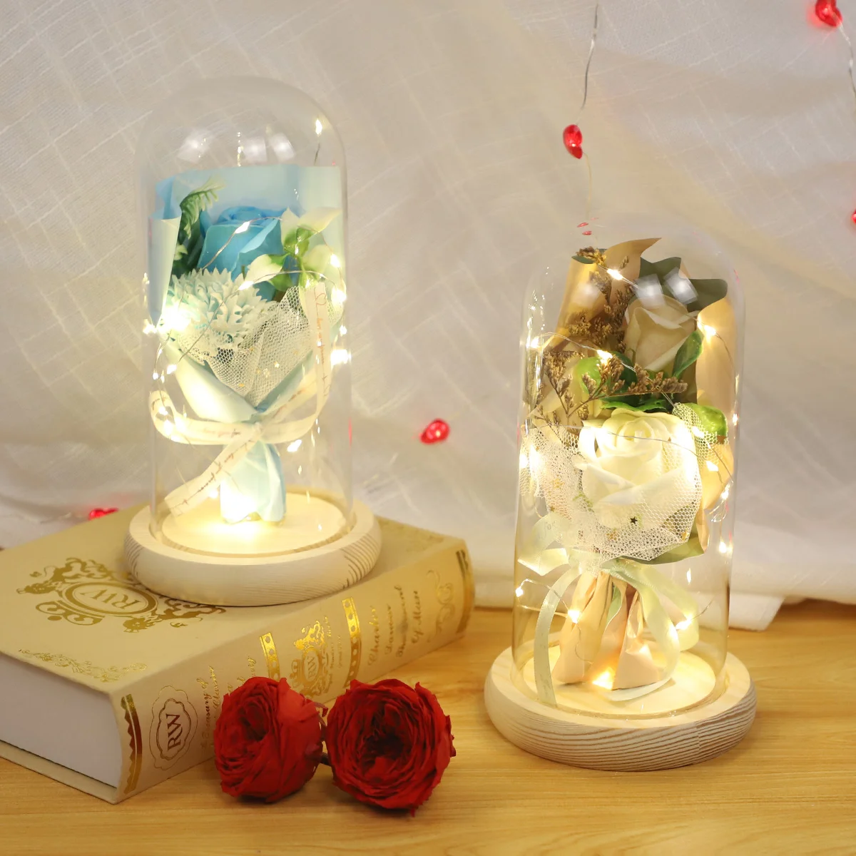 mini glass dome for lights shape glass handcrafted decorative artificial flower dome colorful rainbow rose birthday gifts